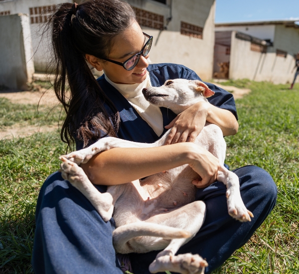 Person in blue holding a happy white dog in their lap outside